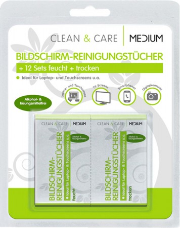 MEDIUM CLEAN & CARE Bildschirmreinigungstücher 12 Sets einzeln verpackte Reinigungstücher