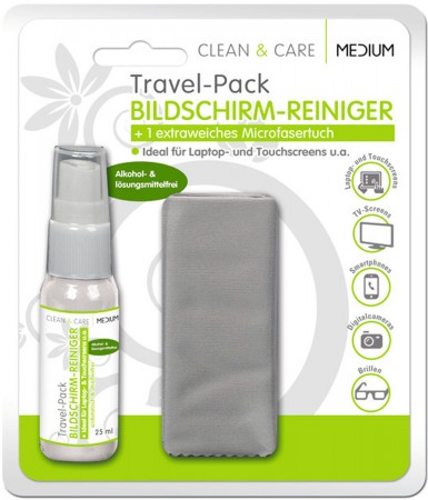 MEDIUM CLEAN & CARE TravelPack Bildschirm-Reiniger 25ml 1 extrafeines Microfasertuch 15x18cm
